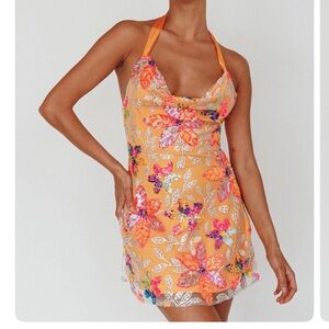 Selfie Leslie Orange Floral Sequin Halter Mini Dress